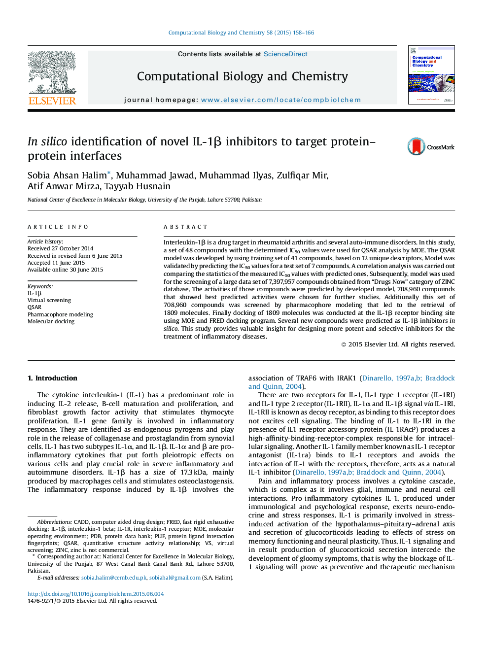 In silico identification of novel IL-1β inhibitors to target protein–protein interfaces