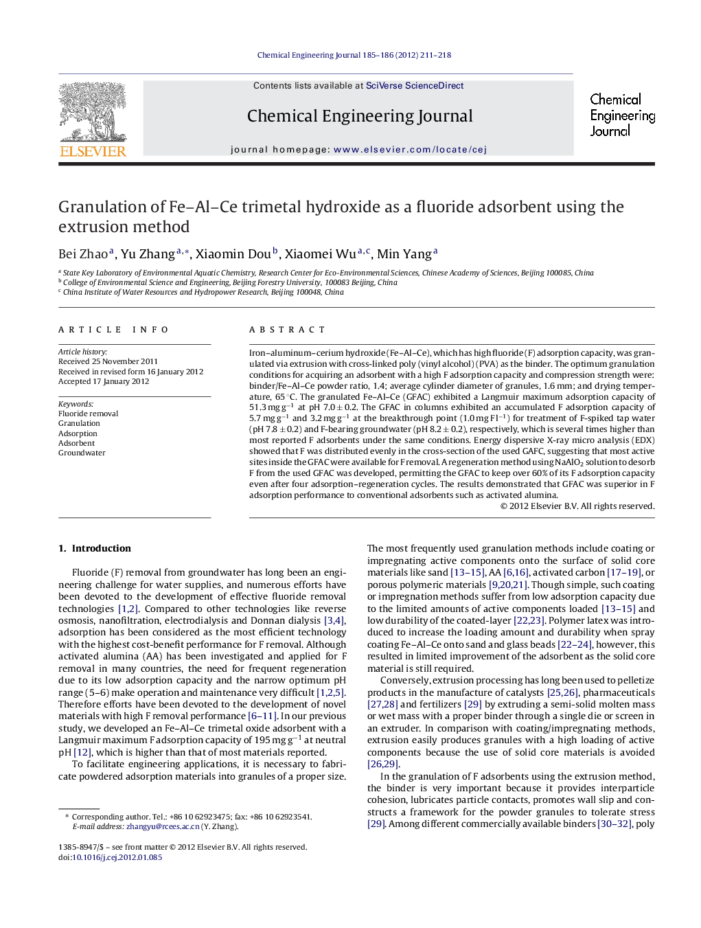 Granulation of Fe–Al–Ce trimetal hydroxide as a fluoride adsorbent using the extrusion method