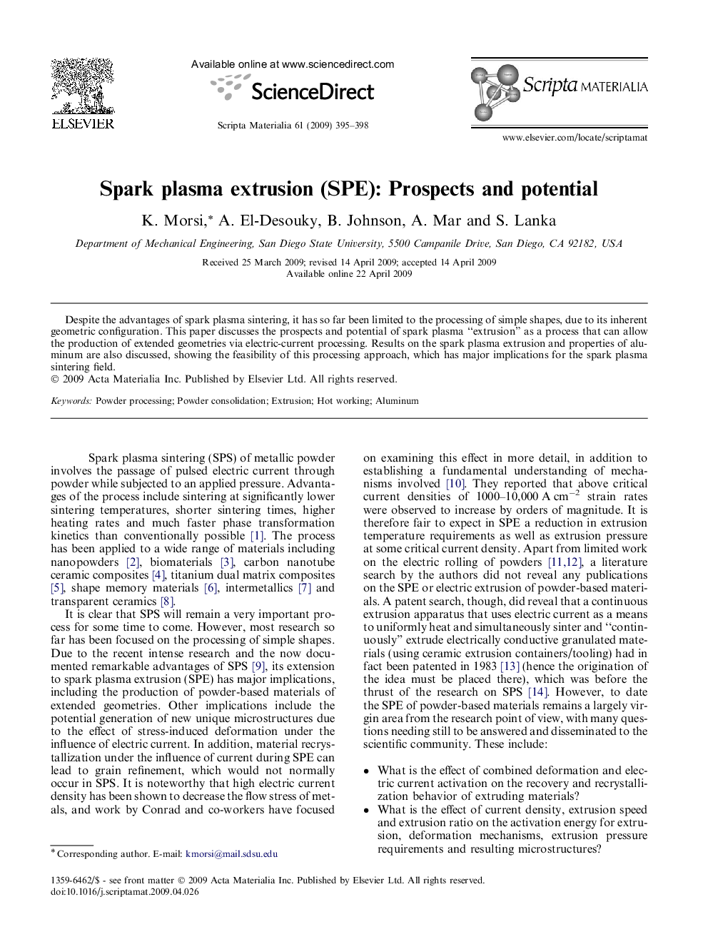 Spark plasma extrusion (SPE): Prospects and potential