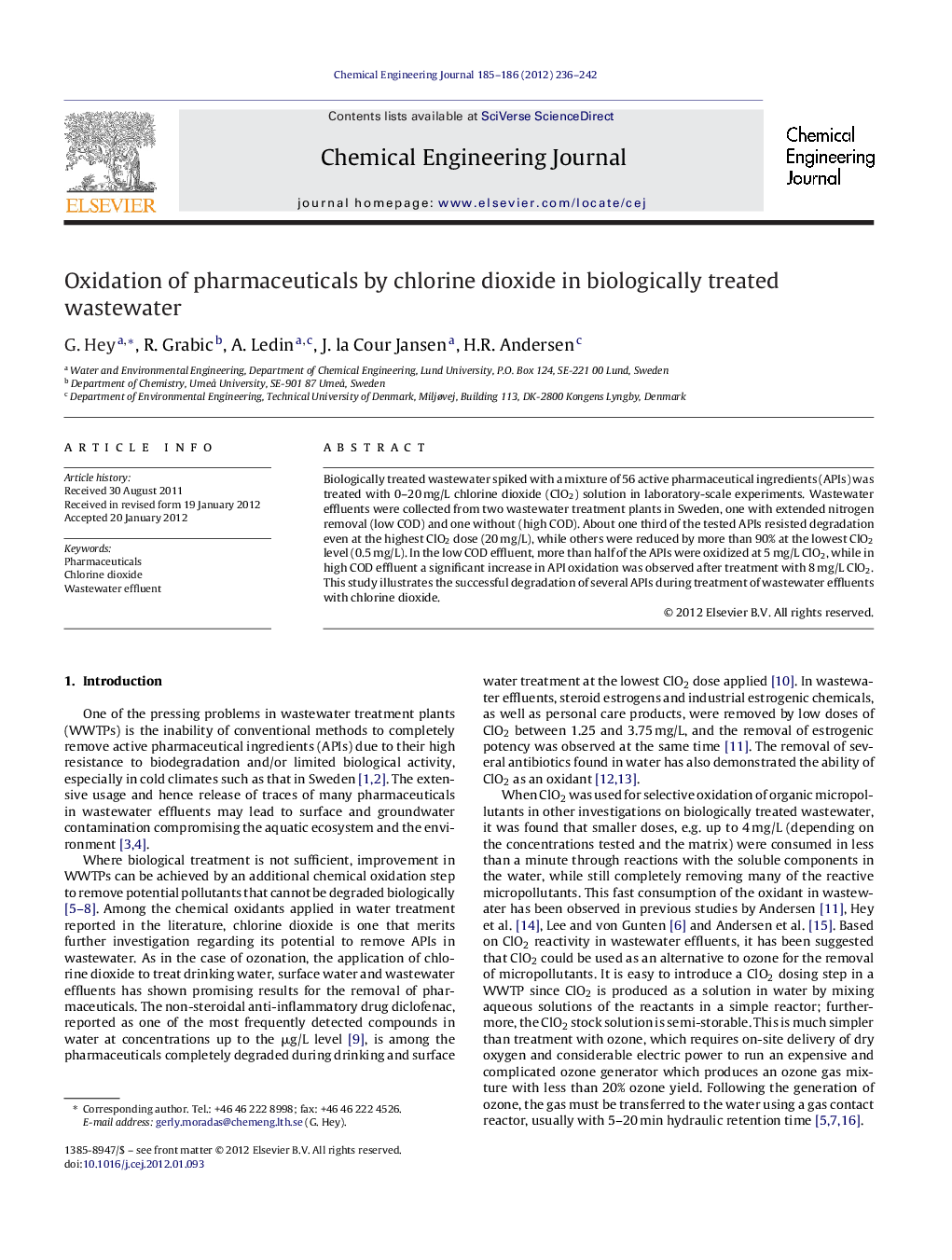 Oxidation of pharmaceuticals by chlorine dioxide in biologically treated wastewater