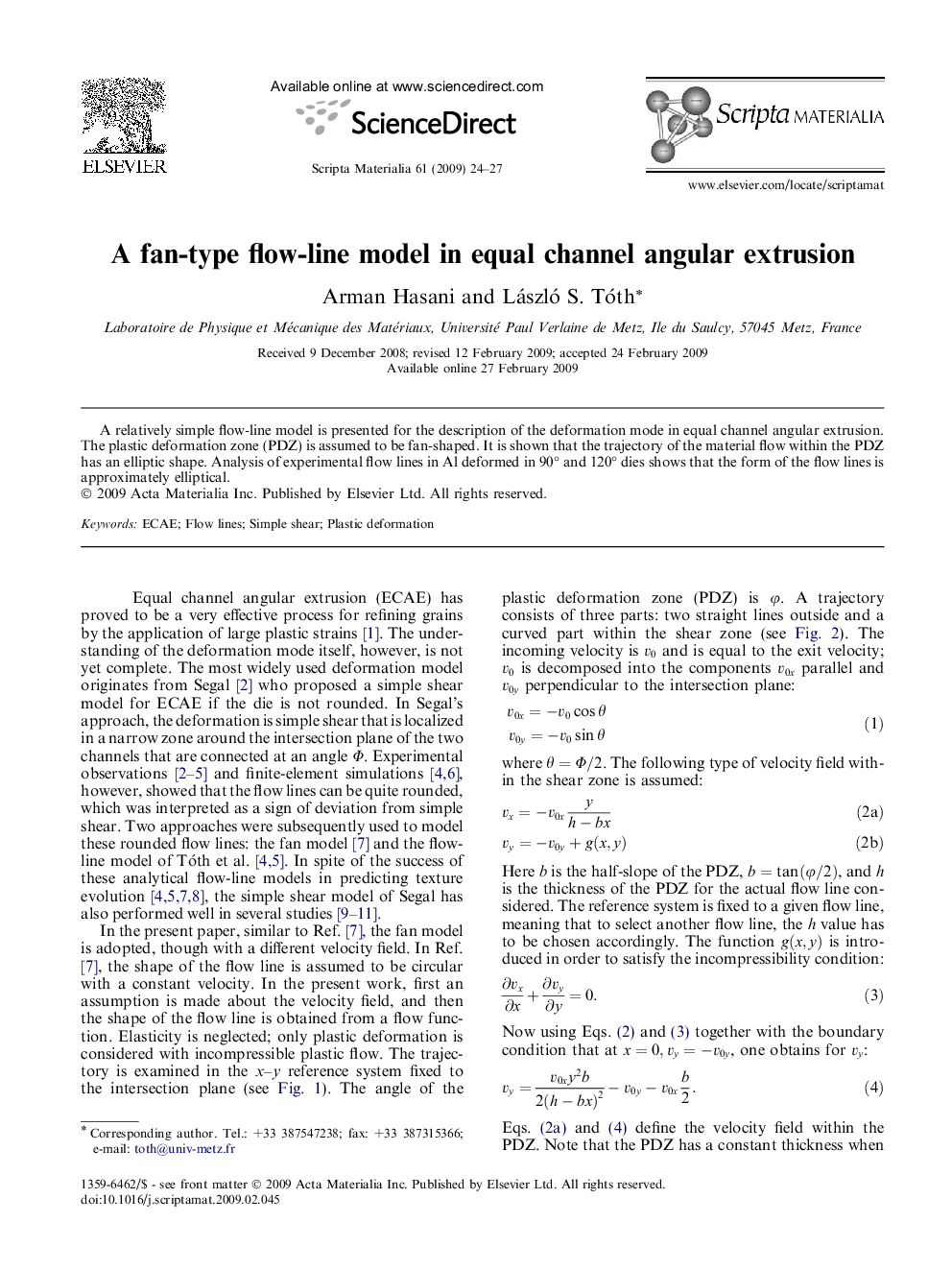 A fan-type flow-line model in equal channel angular extrusion