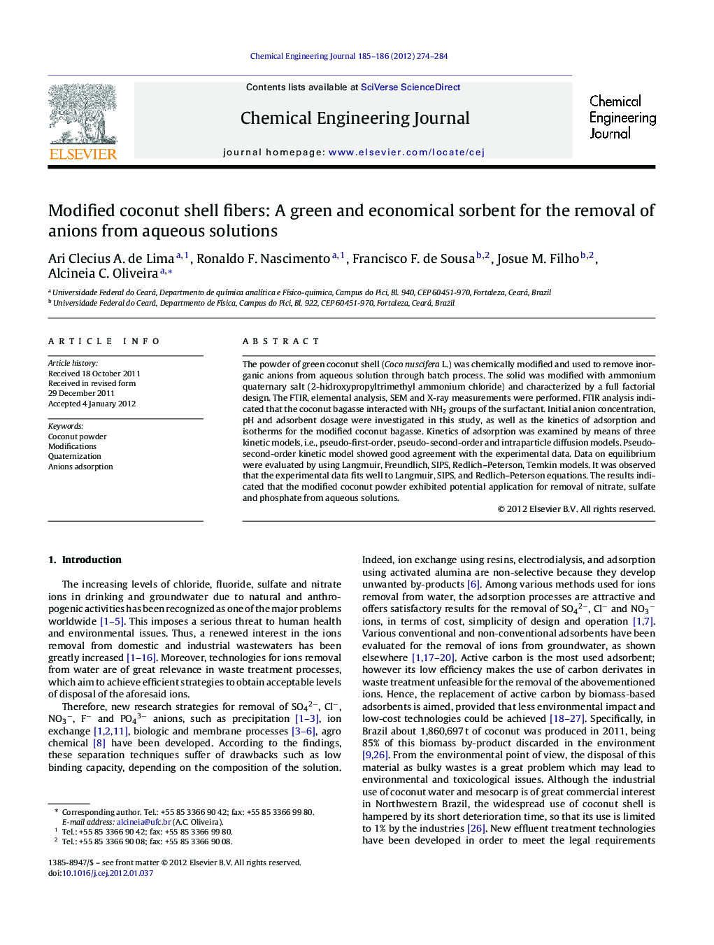 Modified coconut shell fibers: A green and economical sorbent for the removal of anions from aqueous solutions