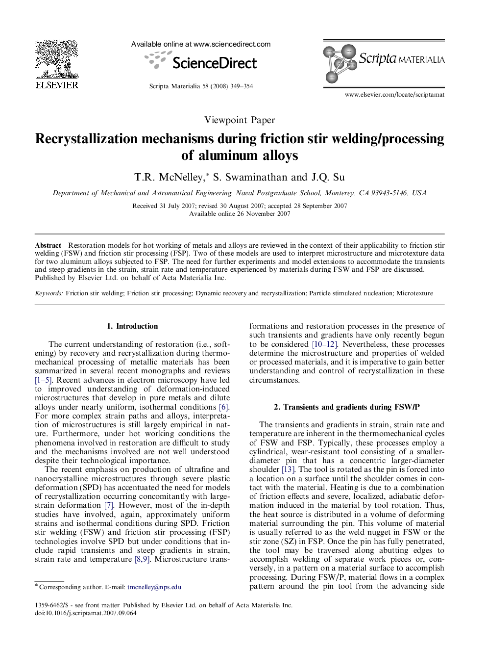 Recrystallization mechanisms during friction stir welding/processing of aluminum alloys