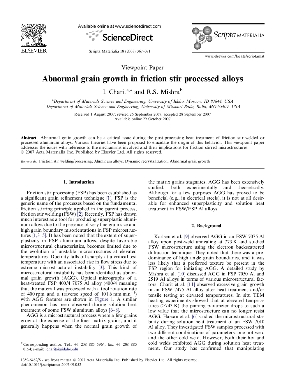 Abnormal grain growth in friction stir processed alloys