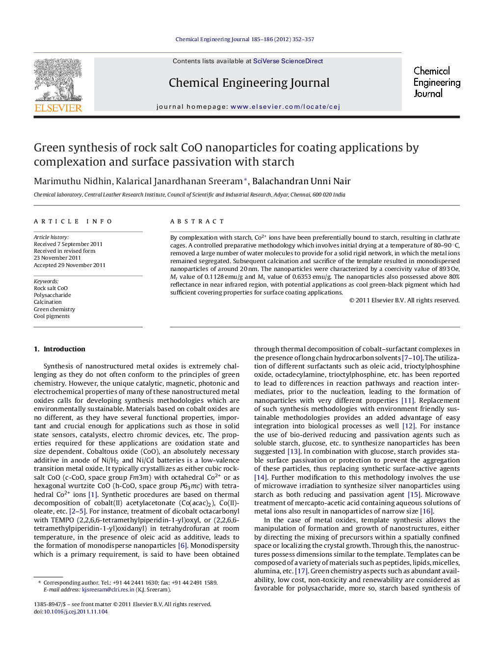 Green synthesis of rock salt CoO nanoparticles for coating applications by complexation and surface passivation with starch