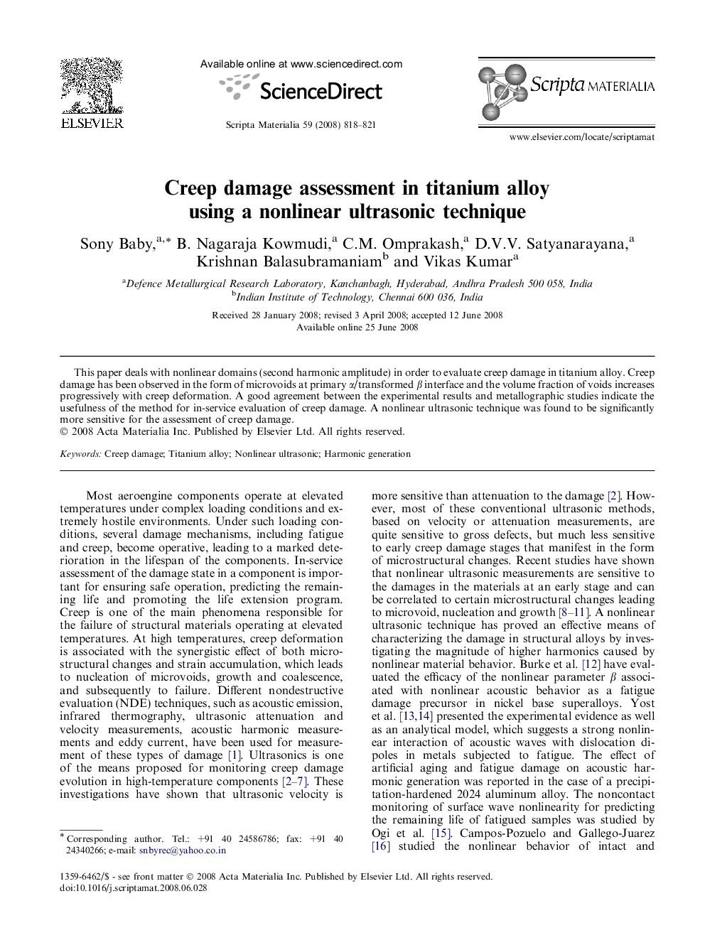 Creep damage assessment in titanium alloy using a nonlinear ultrasonic technique