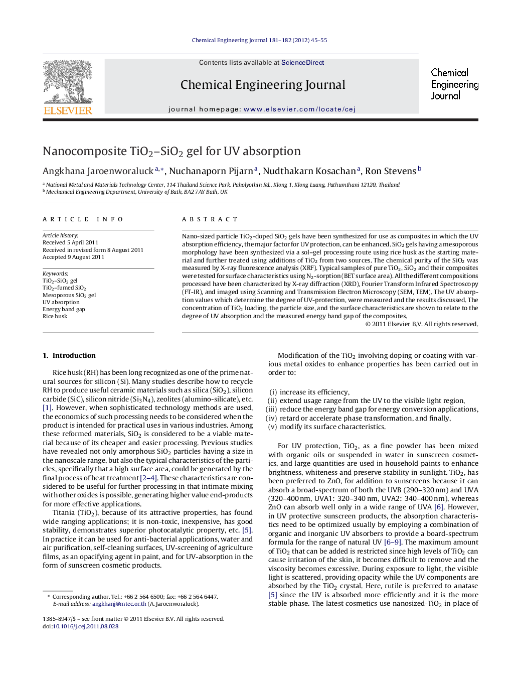 Nanocomposite TiO2–SiO2 gel for UV absorption