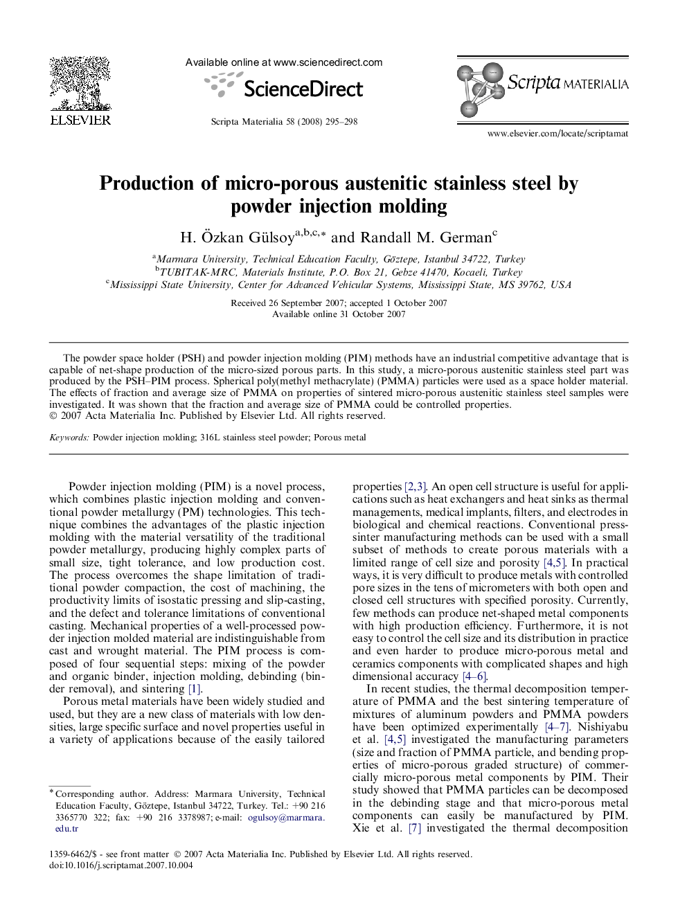 Production of micro-porous austenitic stainless steel by powder injection molding