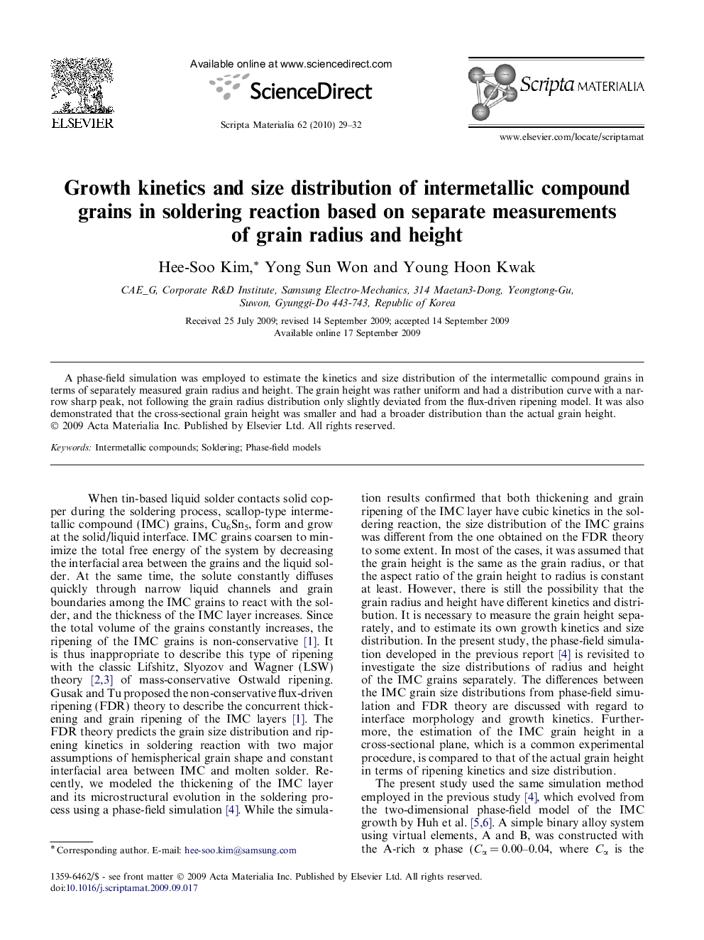 Growth kinetics and size distribution of intermetallic compound grains in soldering reaction based on separate measurements of grain radius and height