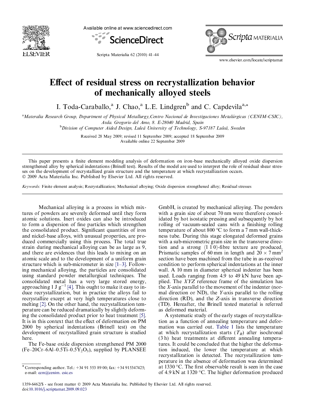 Effect of residual stress on recrystallization behavior of mechanically alloyed steels