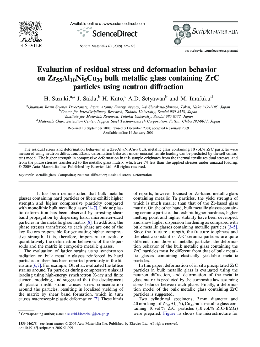 Evaluation of residual stress and deformation behavior on Zr55Al10Ni5Cu30 bulk metallic glass containing ZrC particles using neutron diffraction