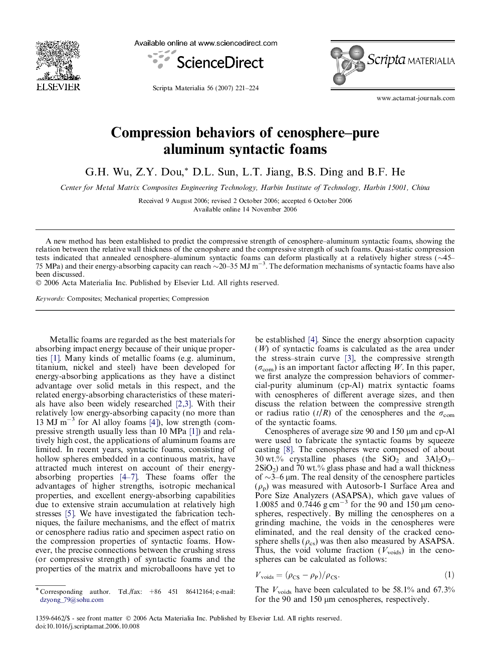 عکس صفحه اول مقاله: Compression behaviors of cenosphere–pure aluminum syntactic foams Compression behaviors of cenosphere–pure aluminum syntactic foams