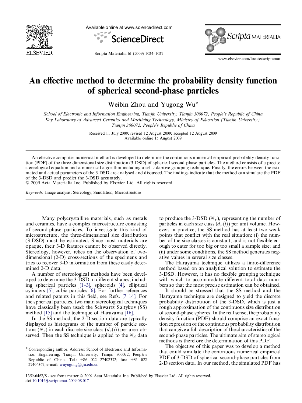 An effective method to determine the probability density function of spherical second-phase particles