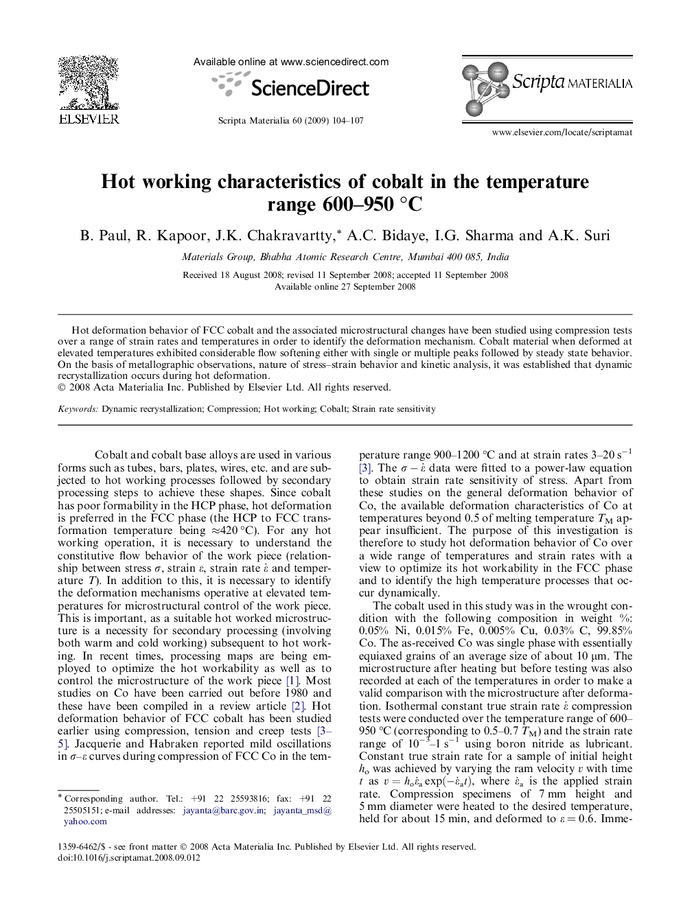 Hot working characteristics of cobalt in the temperature range 600–950 °C