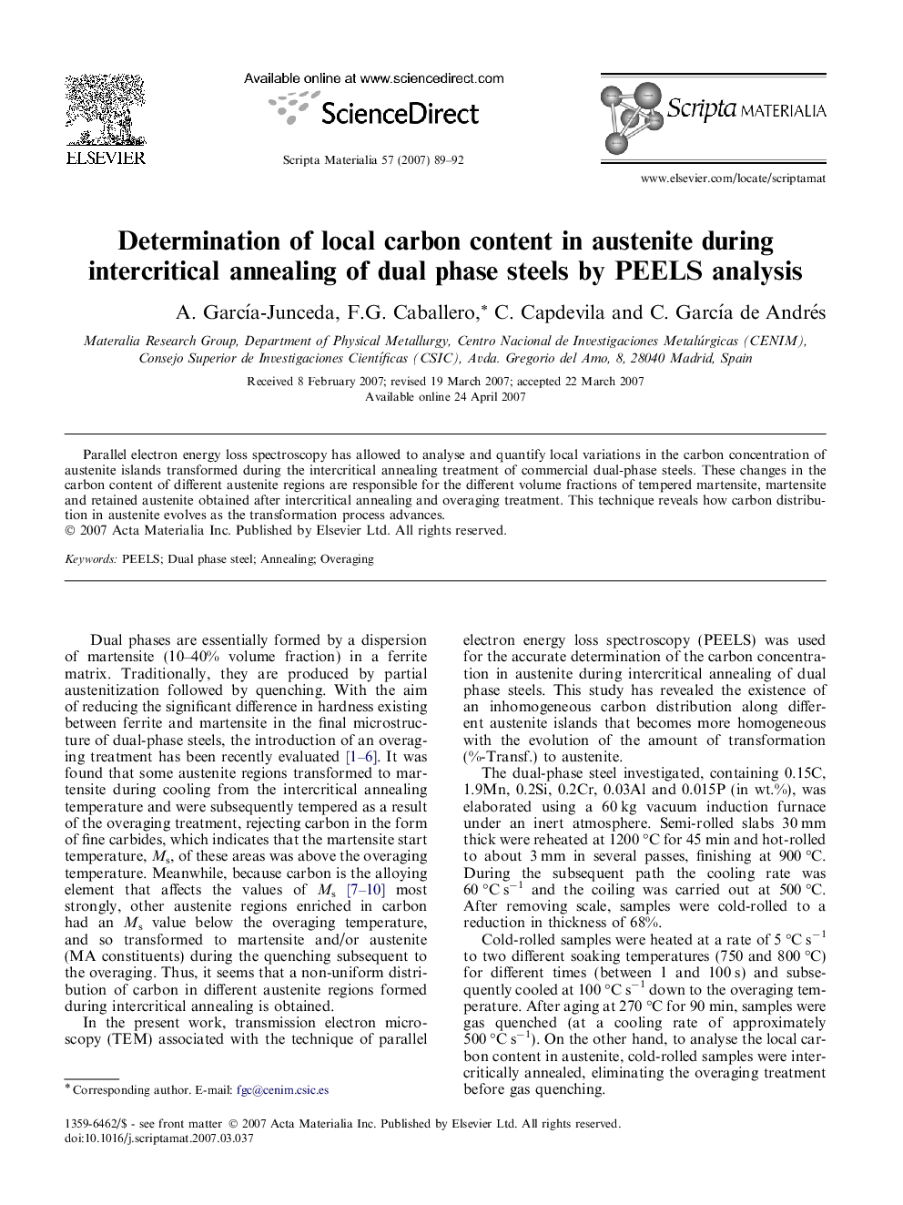 Determination of local carbon content in austenite during intercritical annealing of dual phase steels by PEELS analysis