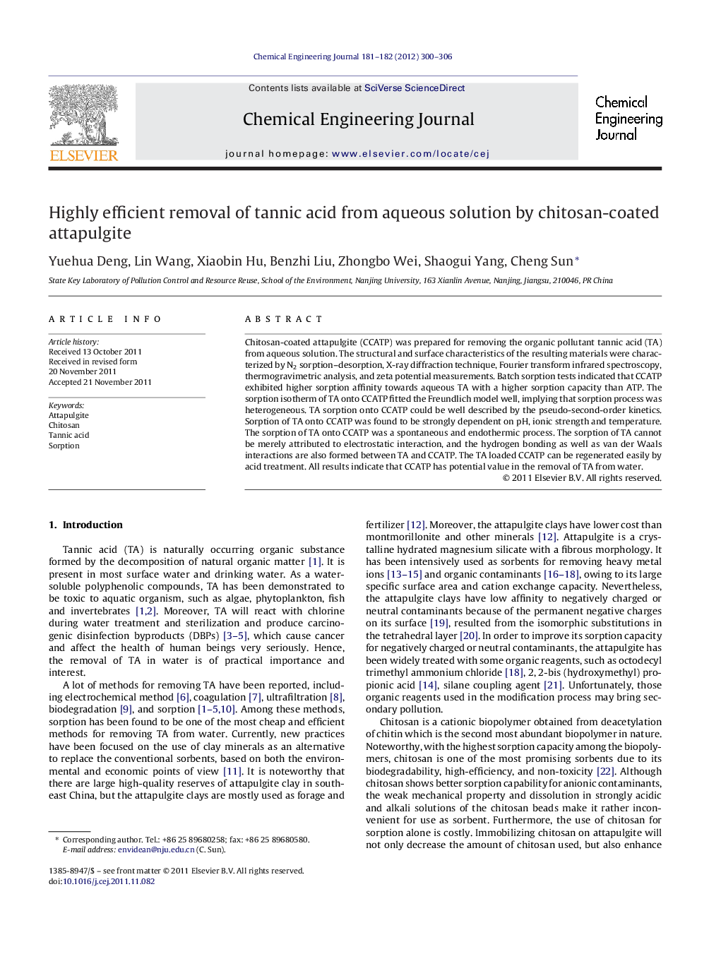 Highly efficient removal of tannic acid from aqueous solution by chitosan-coated attapulgite