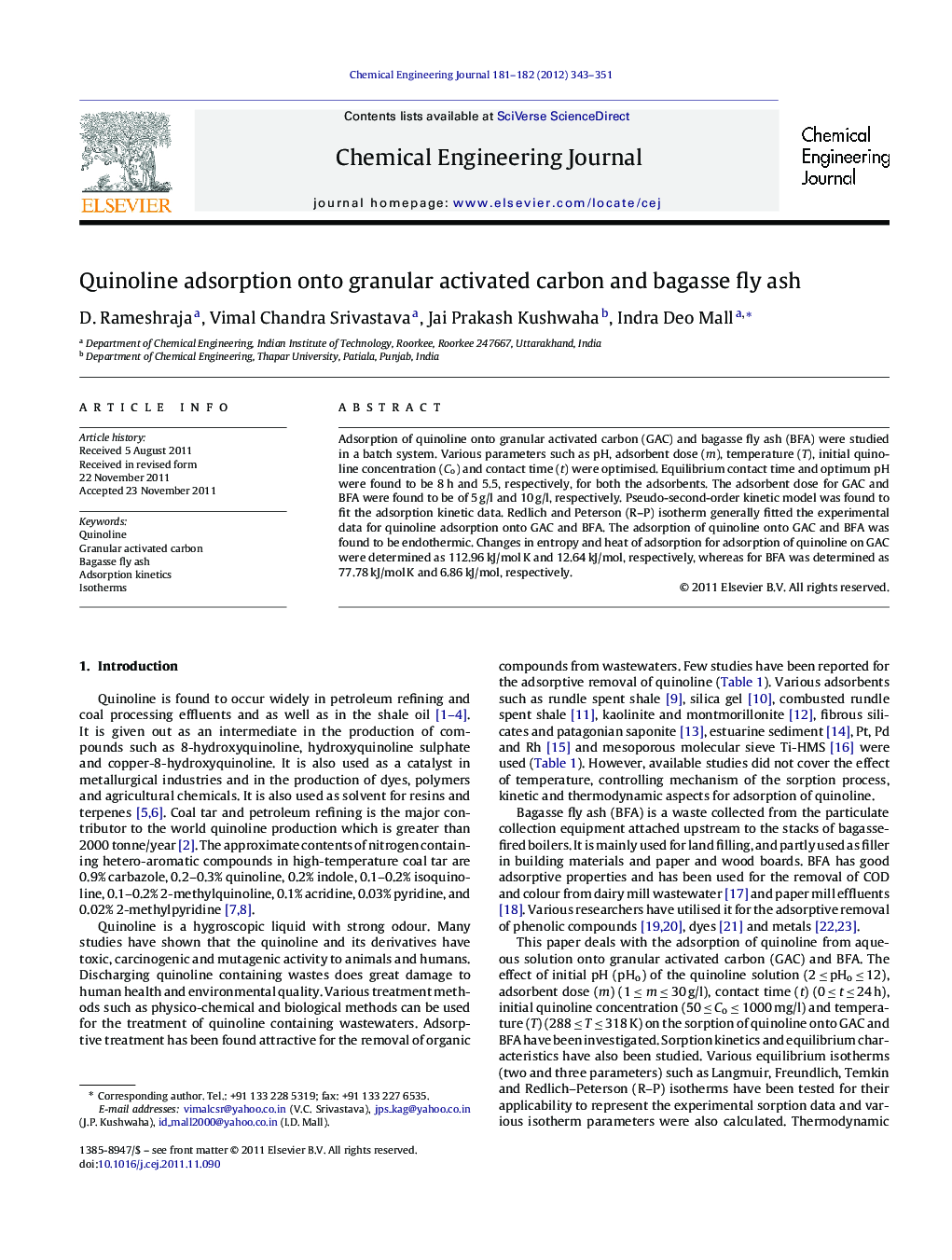 Quinoline adsorption onto granular activated carbon and bagasse fly ash