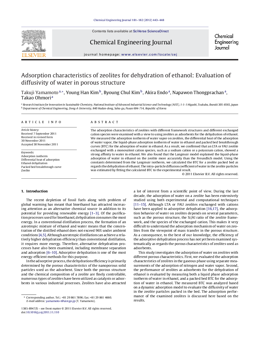 Adsorption characteristics of zeolites for dehydration of ethanol: Evaluation of diffusivity of water in porous structure