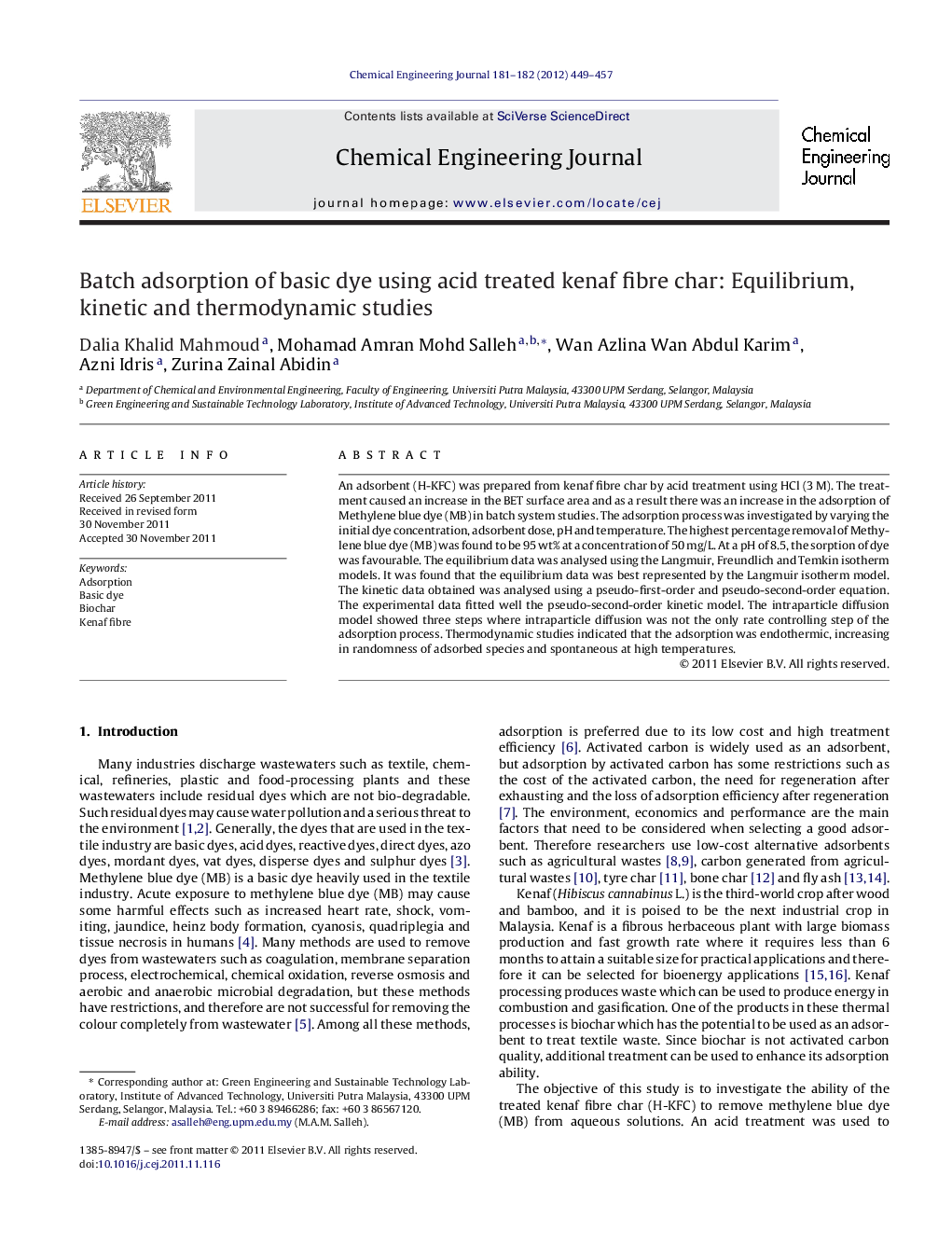 Batch adsorption of basic dye using acid treated kenaf fibre char: Equilibrium, kinetic and thermodynamic studies