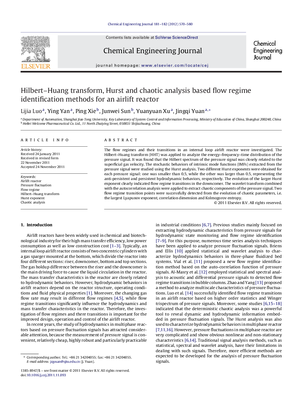 Hilbert–Huang transform, Hurst and chaotic analysis based flow regime identification methods for an airlift reactor