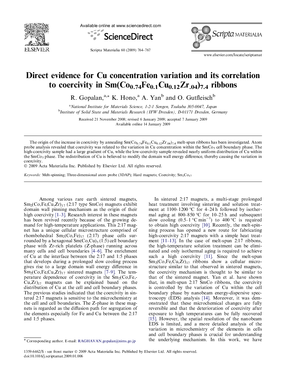 عکس صفحه اول مقاله: Direct evidence for Cu concentration variation and its correlation to coercivity in Sm(Co0.74Fe0.1Cu0.12Zr.04)7.4 ribbons Direct evidence for Cu concentration variation and its correlation to coercivity in Sm(Co0.74Fe0.1Cu0.12Zr.04)7.4 ribbons