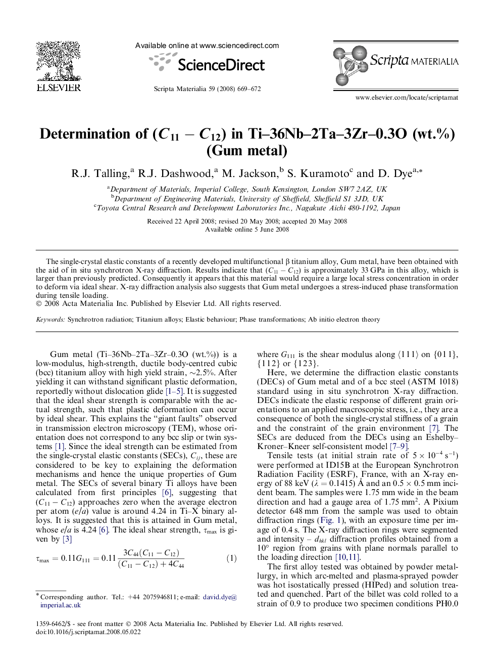 Determination of (C11-C12C11-C12) in Ti–36Nb–2Ta–3Zr–0.3O (wt.%) (Gum metal)