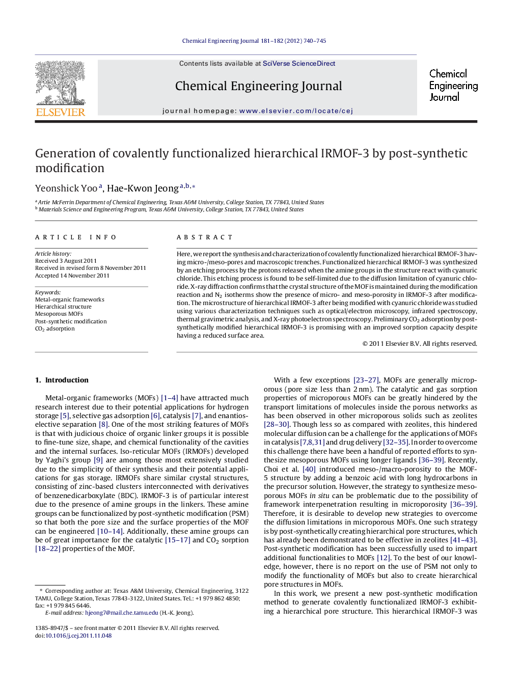 Generation of covalently functionalized hierarchical IRMOF-3 by post-synthetic modification