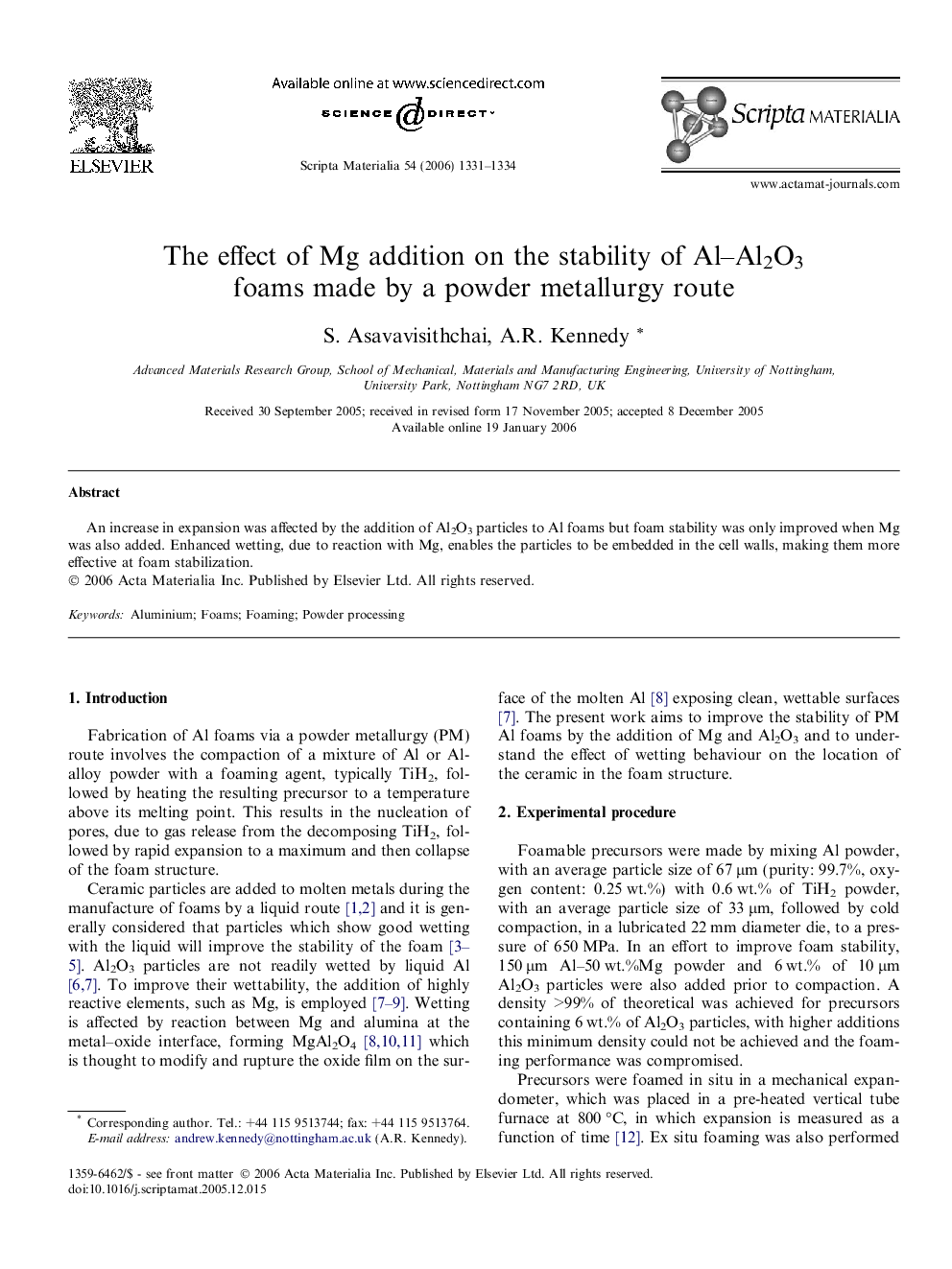 The effect of Mg addition on the stability of Al–Al2O3 foams made by a powder metallurgy route