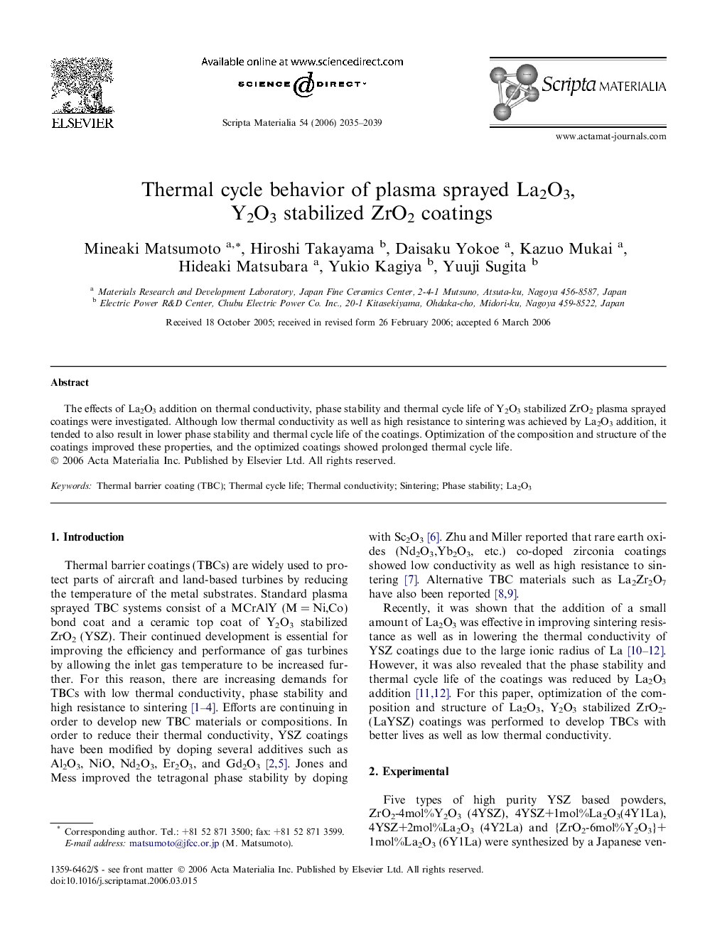 عکس صفحه اول مقاله: Thermal cycle behavior of plasma sprayed La2O3, Y2O3 stabilized ZrO2 coatings Thermal cycle behavior of plasma sprayed La2O3, Y2O3 stabilized ZrO2 coatings