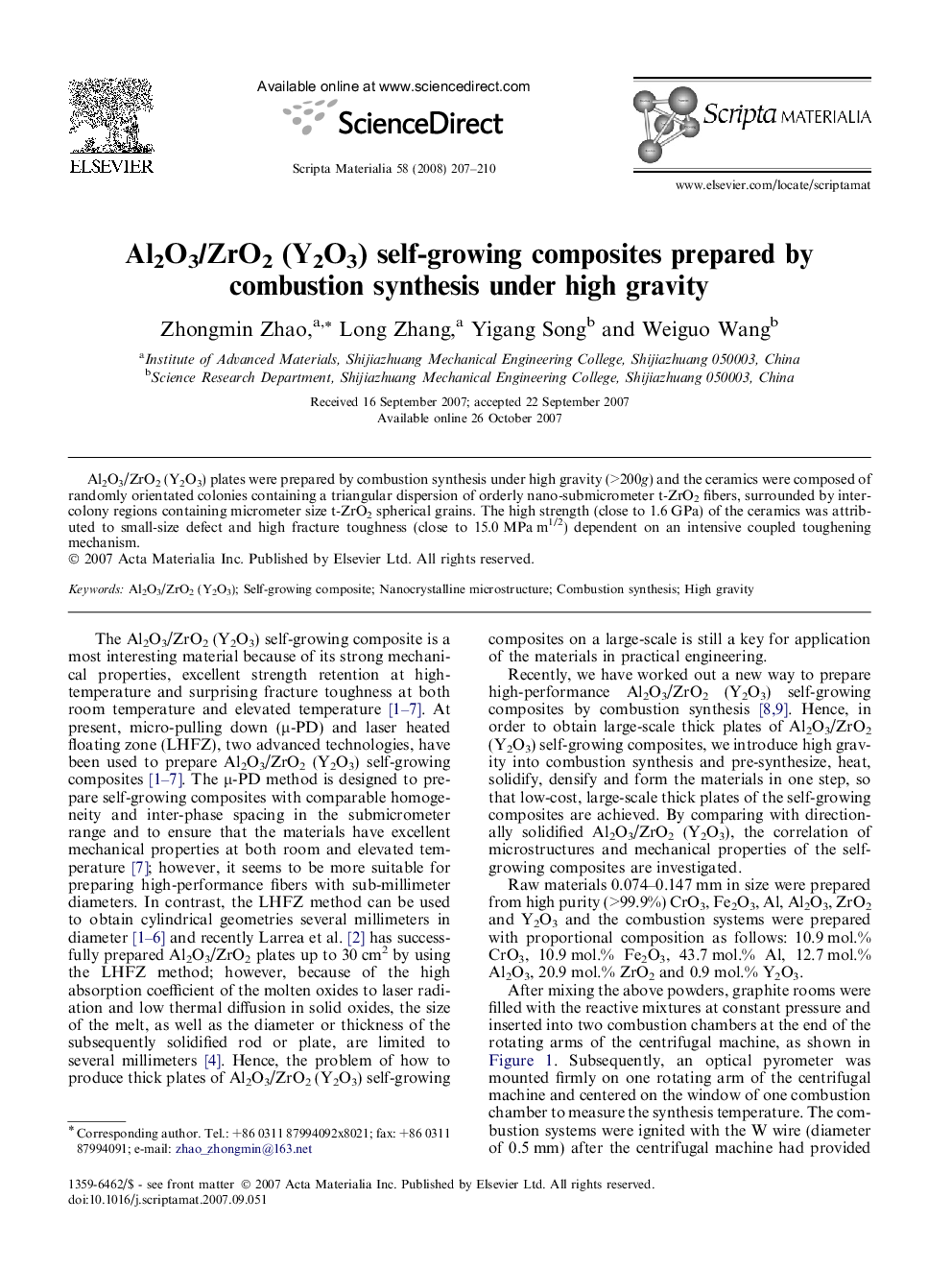 Al2O3/ZrO2 (Y2O3) self-growing composites prepared by combustion synthesis under high gravity