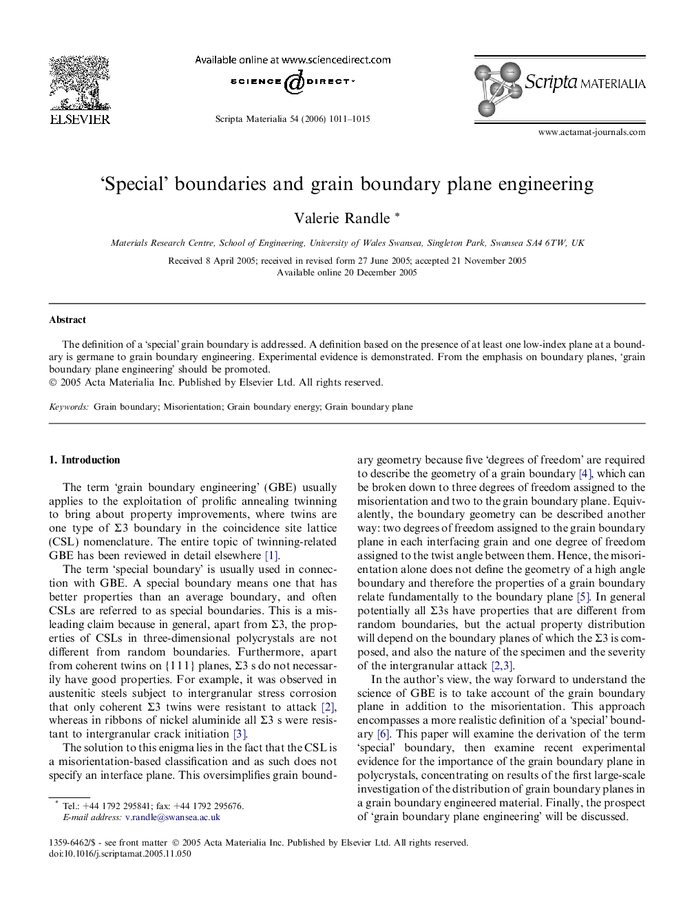 ‘Special’ boundaries and grain boundary plane engineering