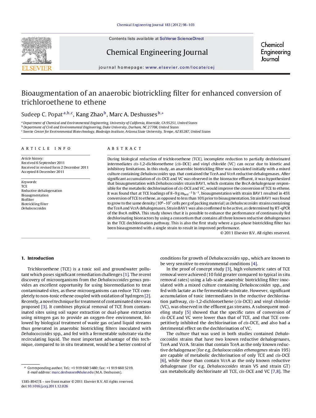 Bioaugmentation of an anaerobic biotrickling filter for enhanced conversion of trichloroethene to ethene