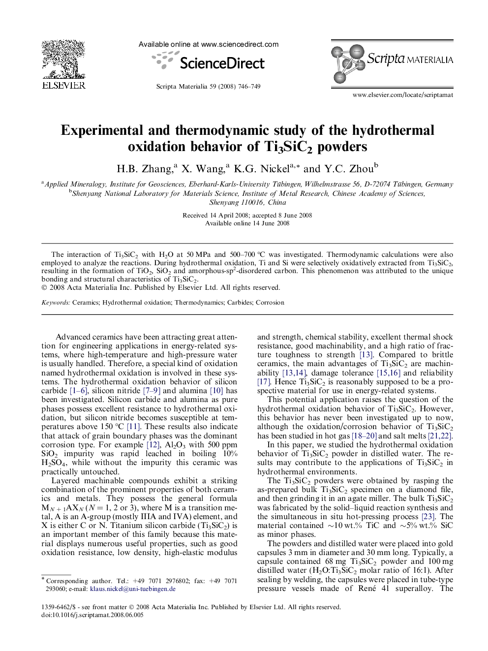 Experimental and thermodynamic study of the hydrothermal oxidation behavior of Ti3SiC2 powders