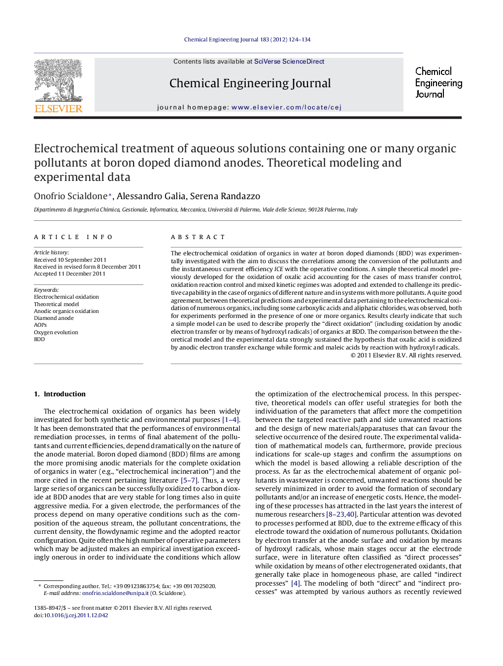 عکس صفحه اول مقاله: Electrochemical treatment of aqueous solutions containing one or many organic pollutants at boron doped diamond anodes. Theoretical modeling and experimental data Electrochemical treatment of aqueous solutions containing one or many organic pollutants at boron doped diamond anodes. Theoretical modeling and experimental data