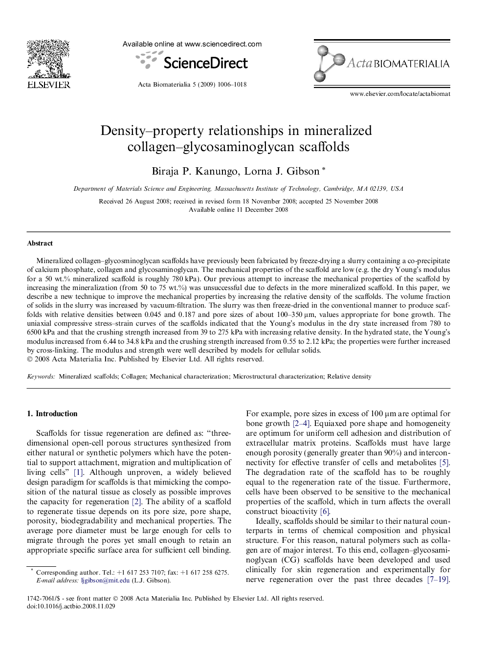 Density–property relationships in mineralized collagen–glycosaminoglycan scaffolds