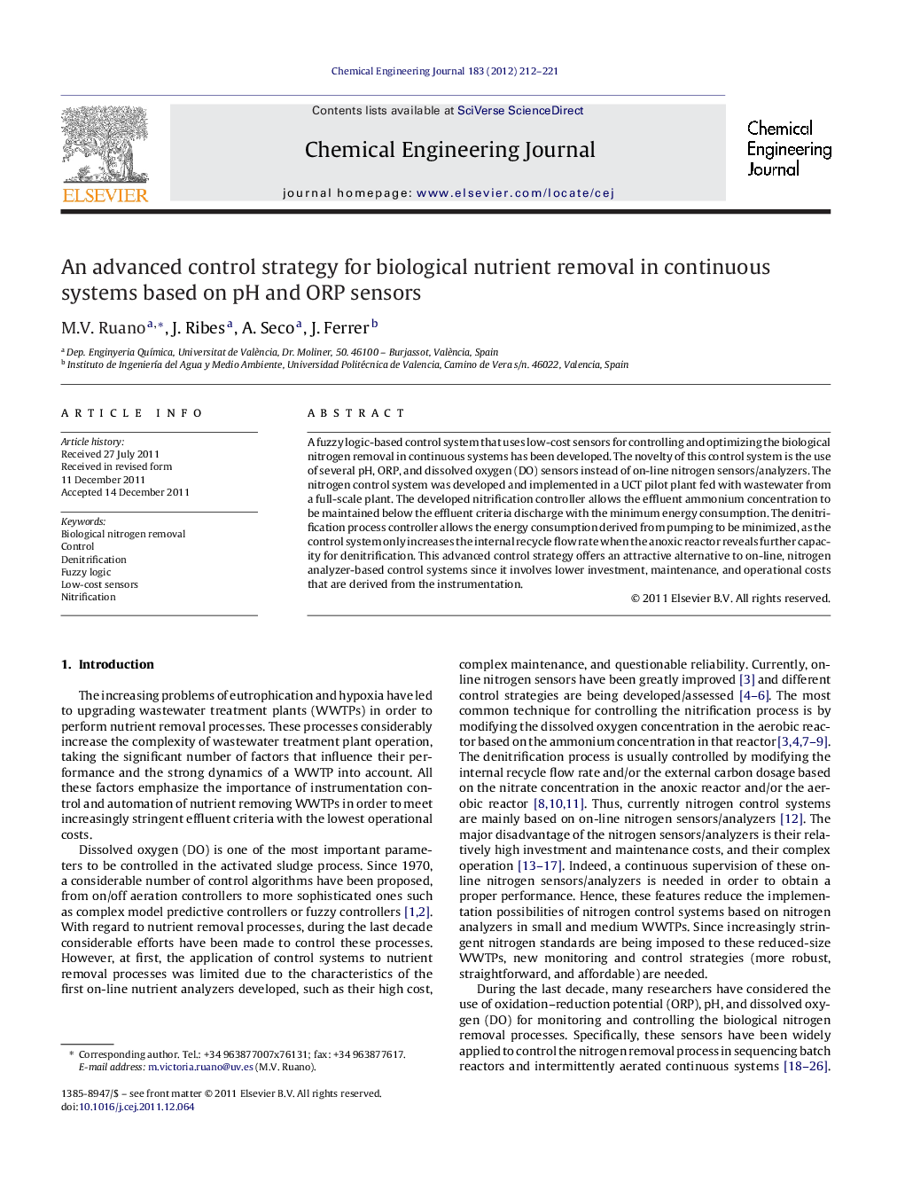 An advanced control strategy for biological nutrient removal in continuous systems based on pH and ORP sensors