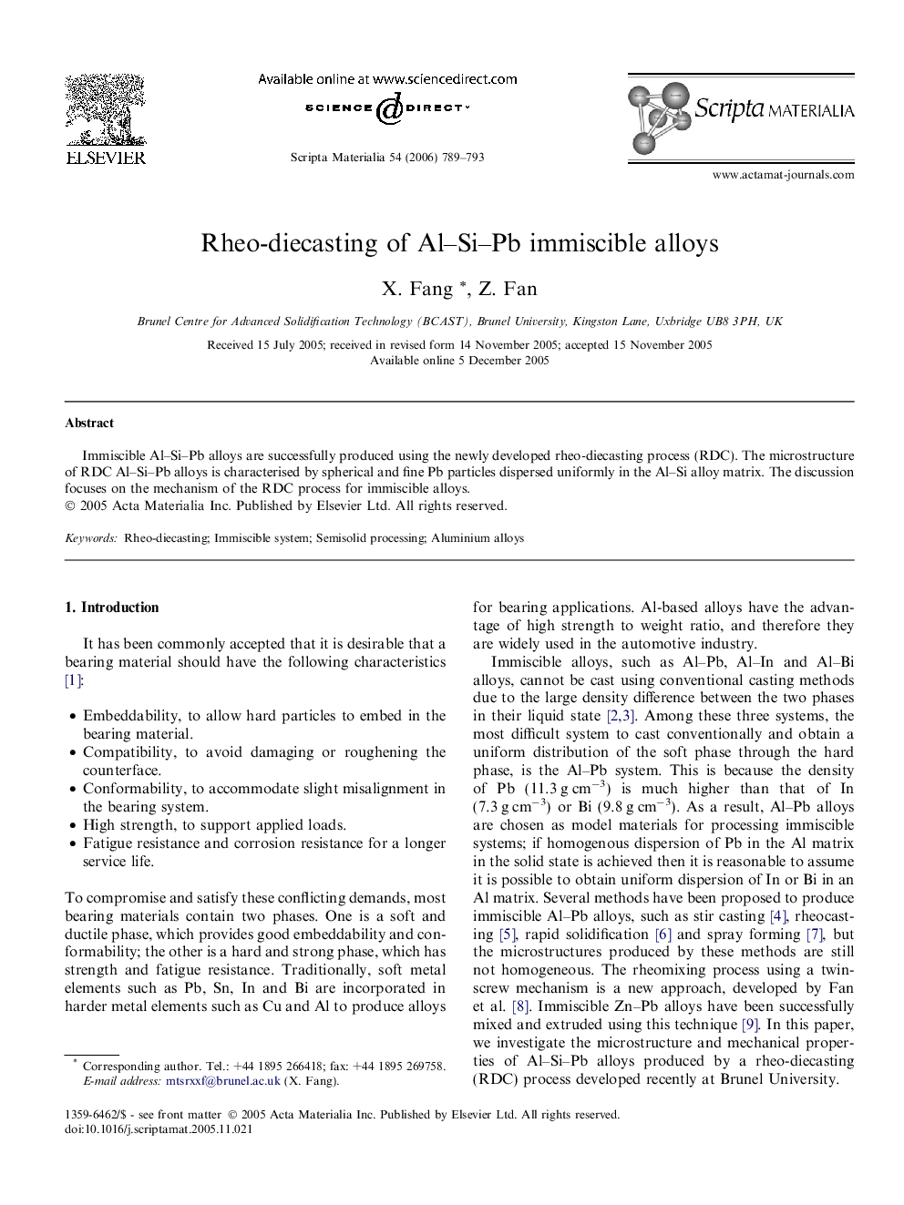 Rheo-diecasting of Al–Si–Pb immiscible alloys