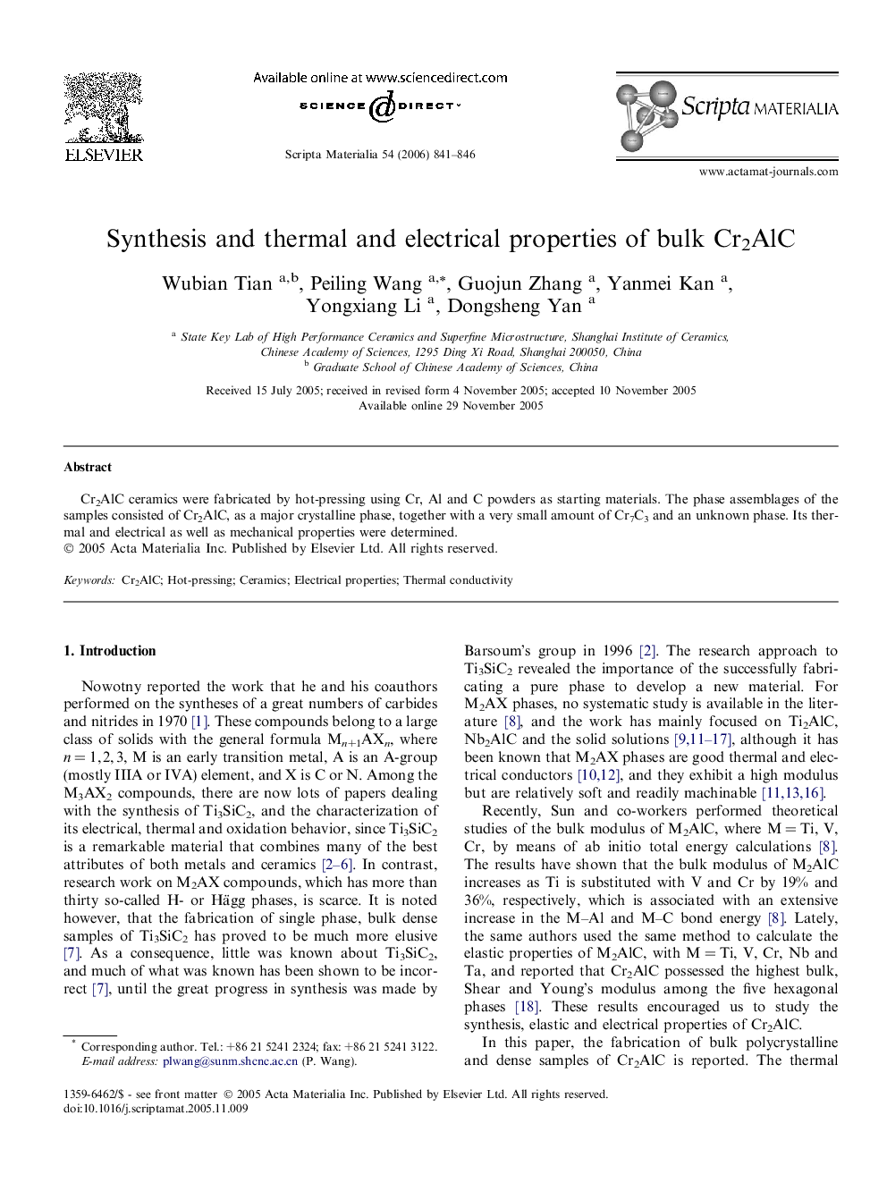 Synthesis and thermal and electrical properties of bulk Cr2AlC