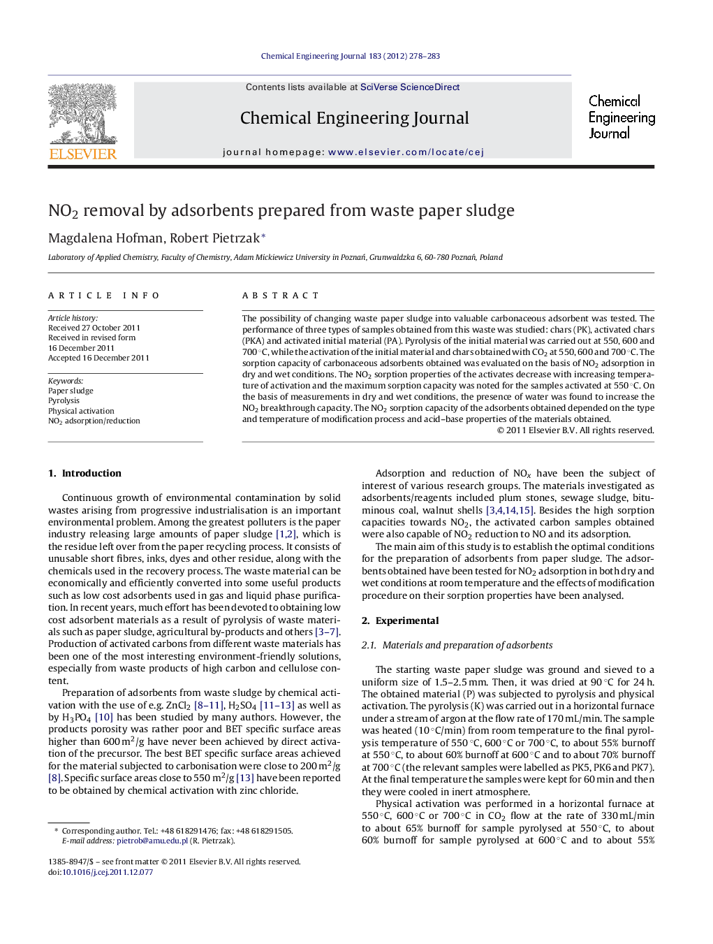 NO2 removal by adsorbents prepared from waste paper sludge