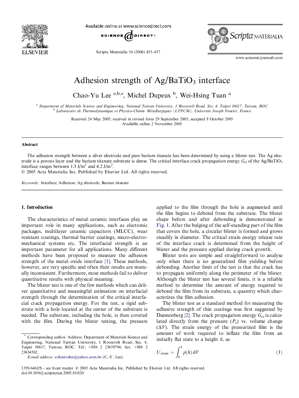 Adhesion strength of Ag/BaTiO3 interface