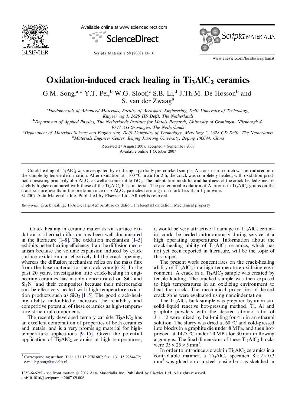 Oxidation-induced crack healing in Ti3AlC2 ceramics