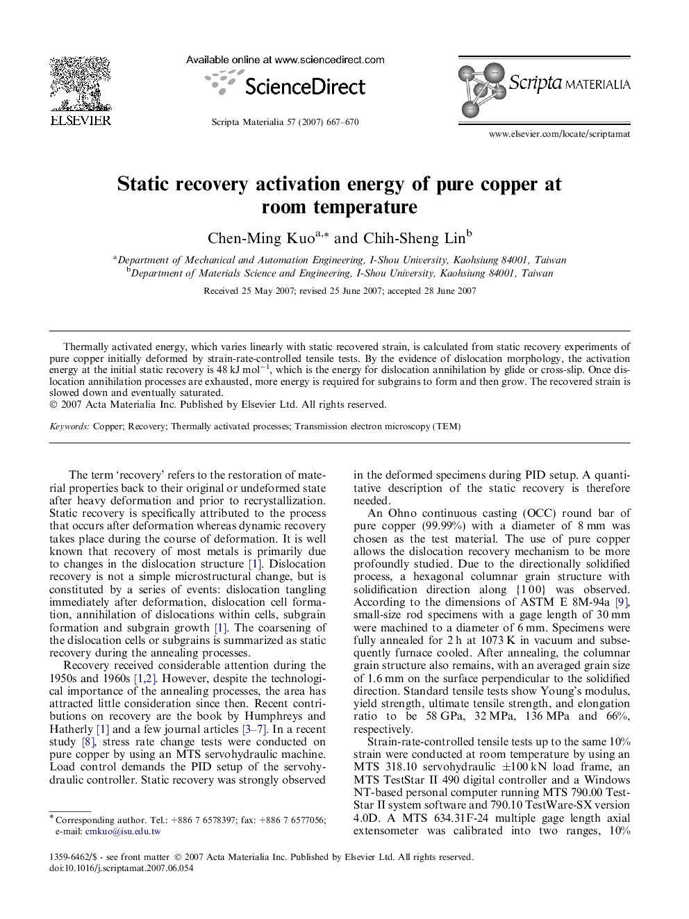 Static recovery activation energy of pure copper at room temperature