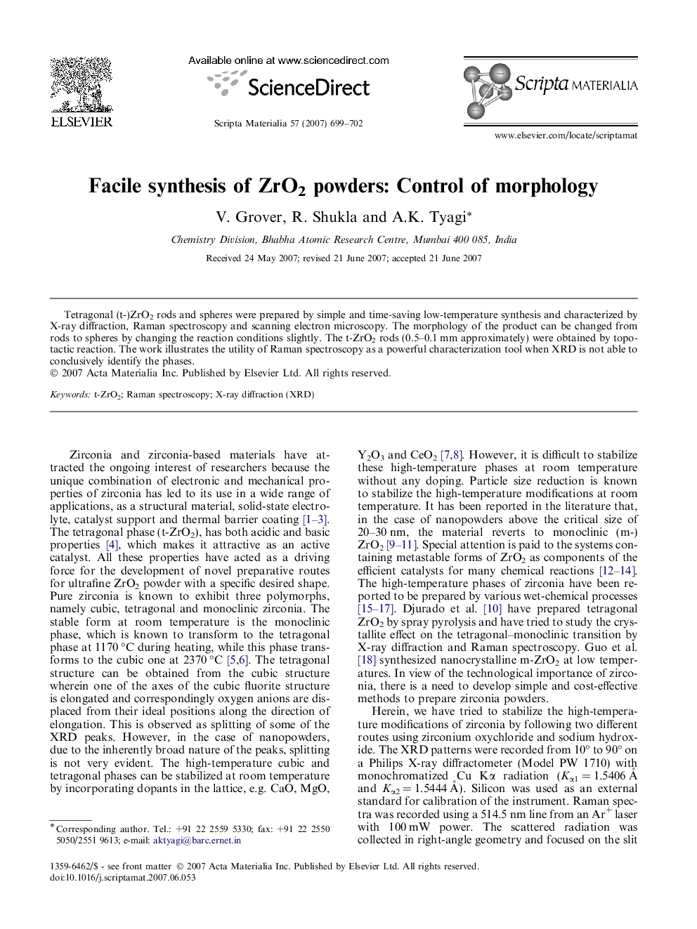 Facile synthesis of ZrO2 powders: Control of morphology