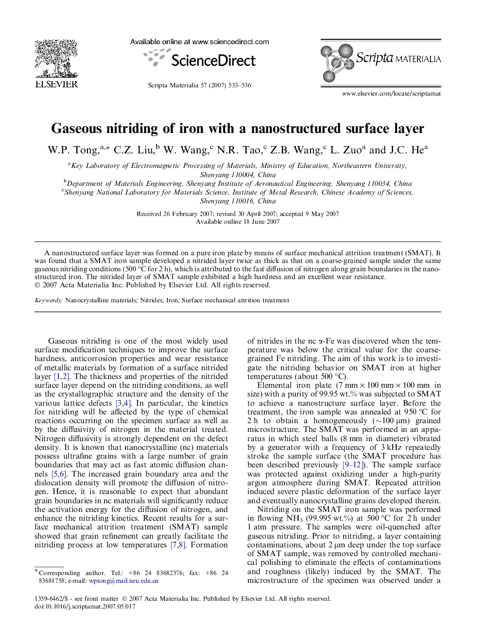 Gaseous nitriding of iron with a nanostructured surface layer