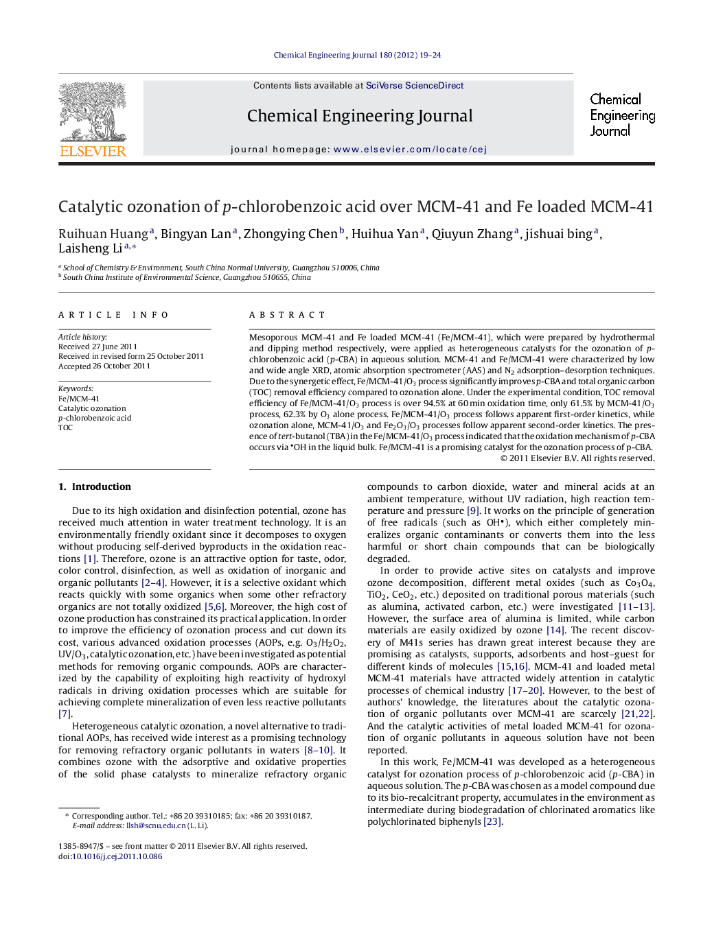 Catalytic ozonation of p-chlorobenzoic acid over MCM-41 and Fe loaded MCM-41