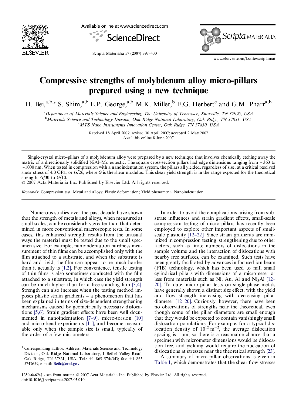 Compressive strengths of molybdenum alloy micro-pillars prepared using a new technique