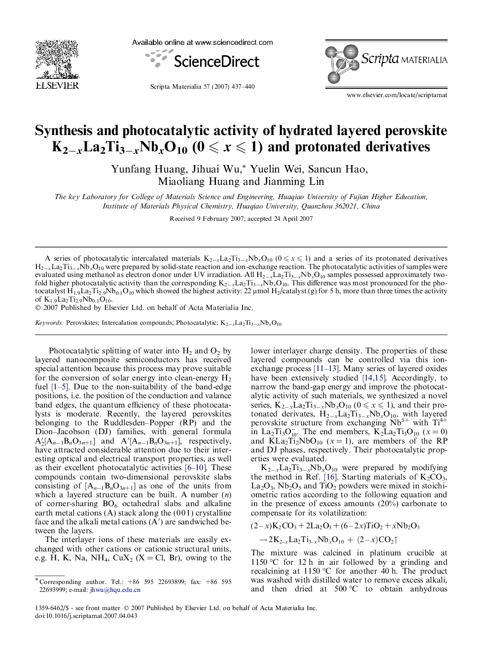 Synthesis and photocatalytic activity of hydrated layered perovskite K2−xLa2Ti3−xNbxO10 (0 ⩽ x ⩽ 1) and protonated derivatives