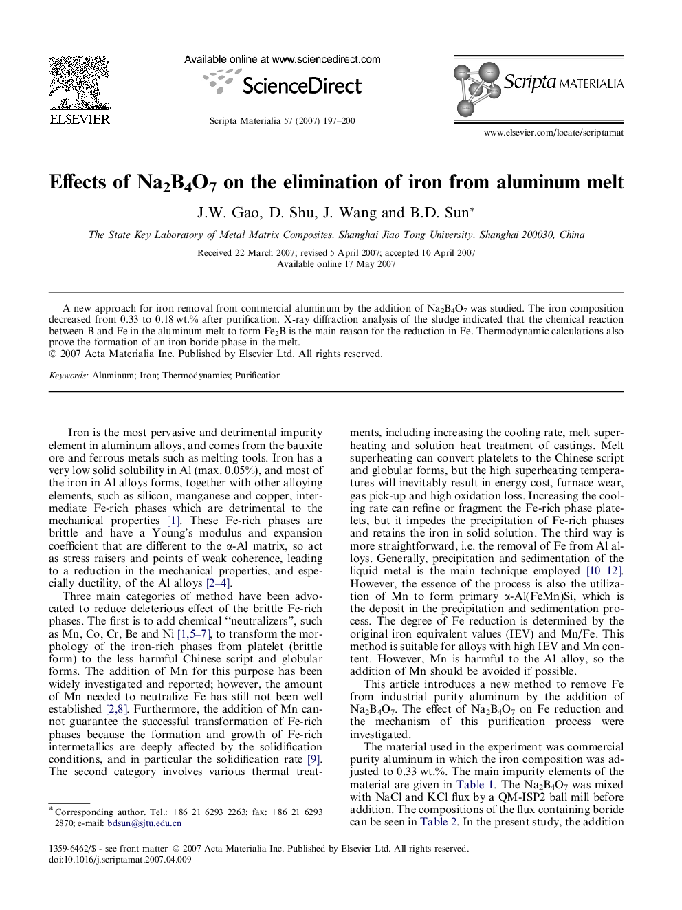 Effects of Na2B4O7 on the elimination of iron from aluminum melt