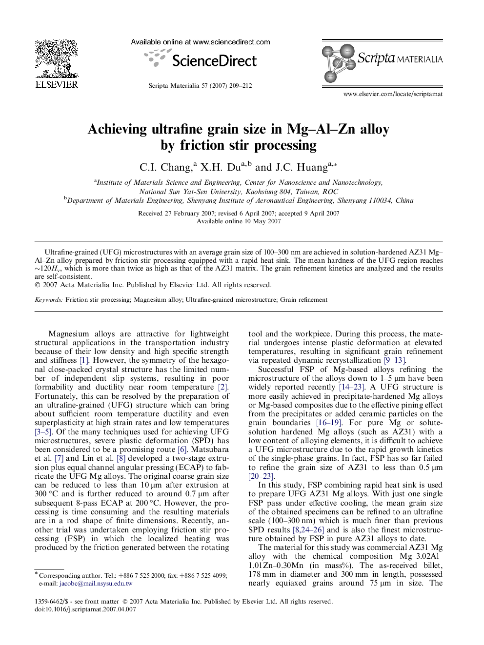 Achieving ultrafine grain size in Mg–Al–Zn alloy by friction stir processing