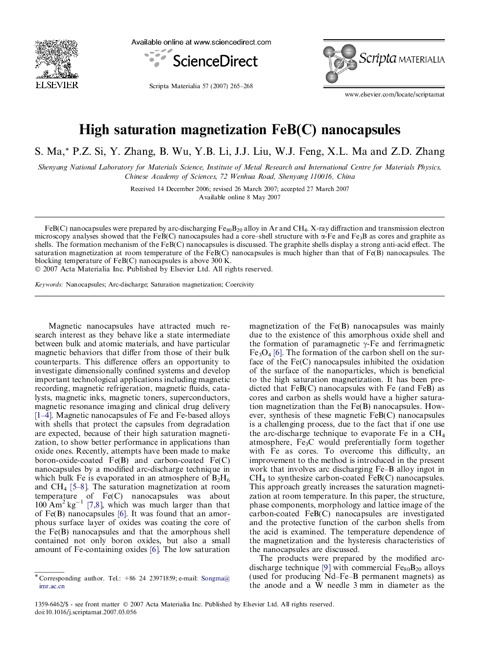 High saturation magnetization FeB(C) nanocapsules